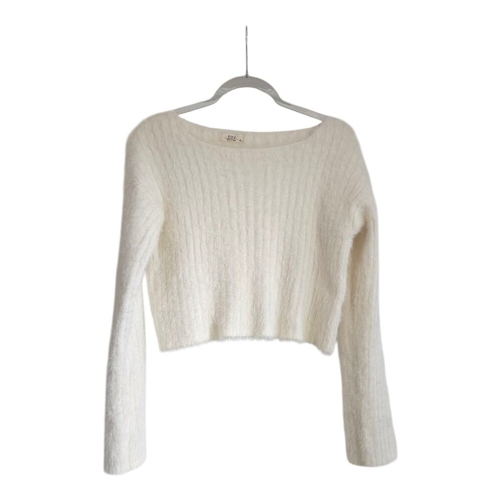 P.O.V. Point of View Womens Lg Cropped Sweater Ivory Fuzzy Stretch Boat Neck L/S